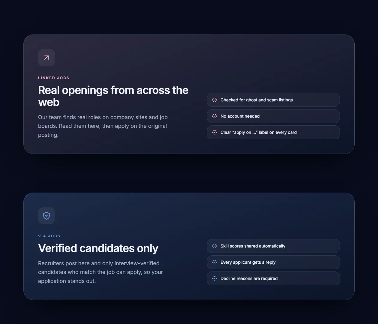 Via explaining linked jobs from across the web and Via jobs open only to verified candidates.